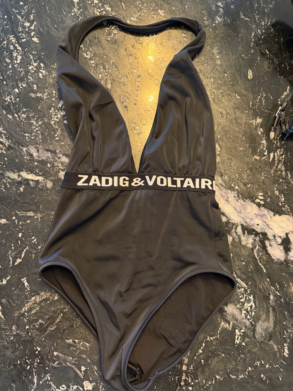 Zadig & Voltaire Black Deep V Logo Halter One-Piece bathing suit
